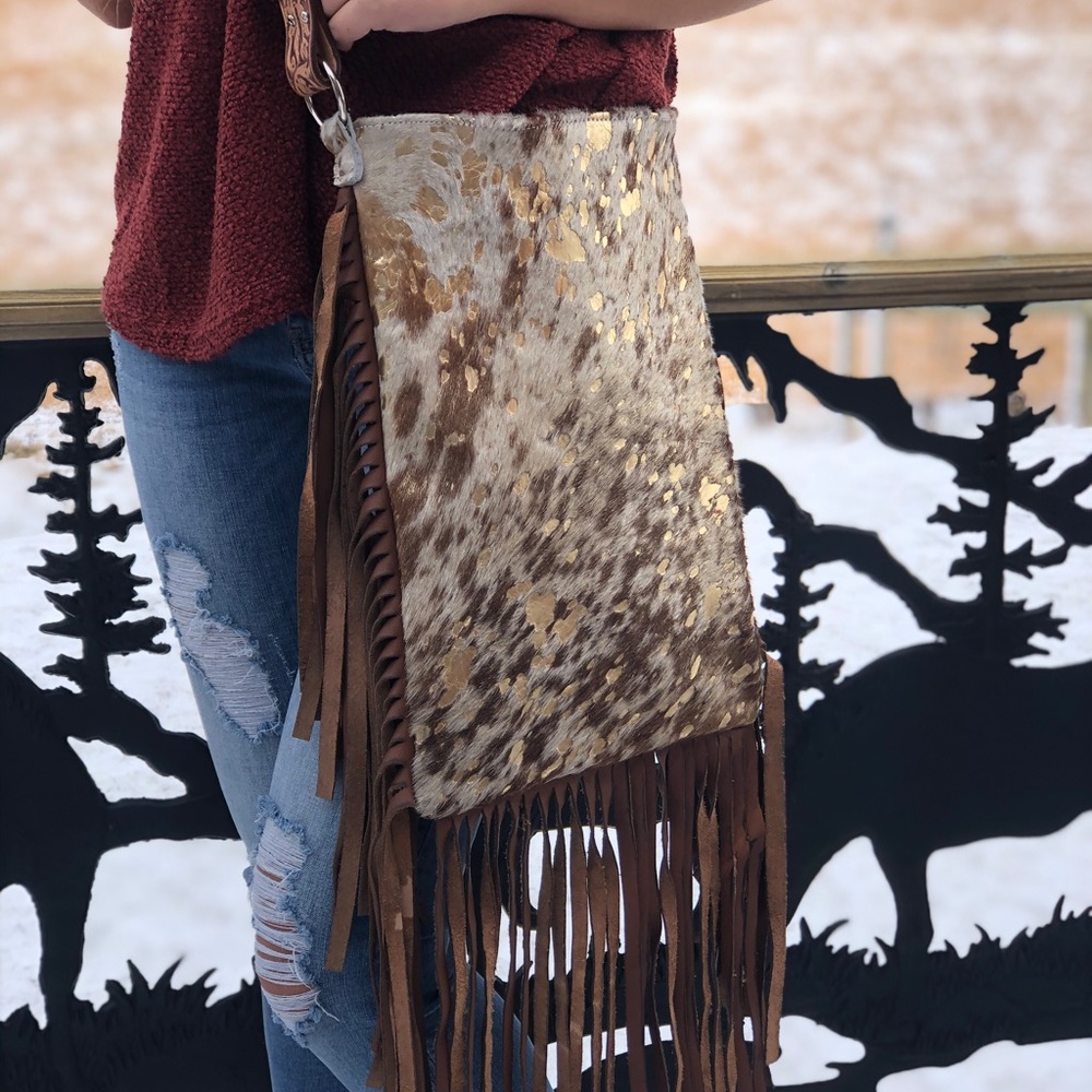 Gold Acid-wash, Genuine Brindle Cowhide Purse‎